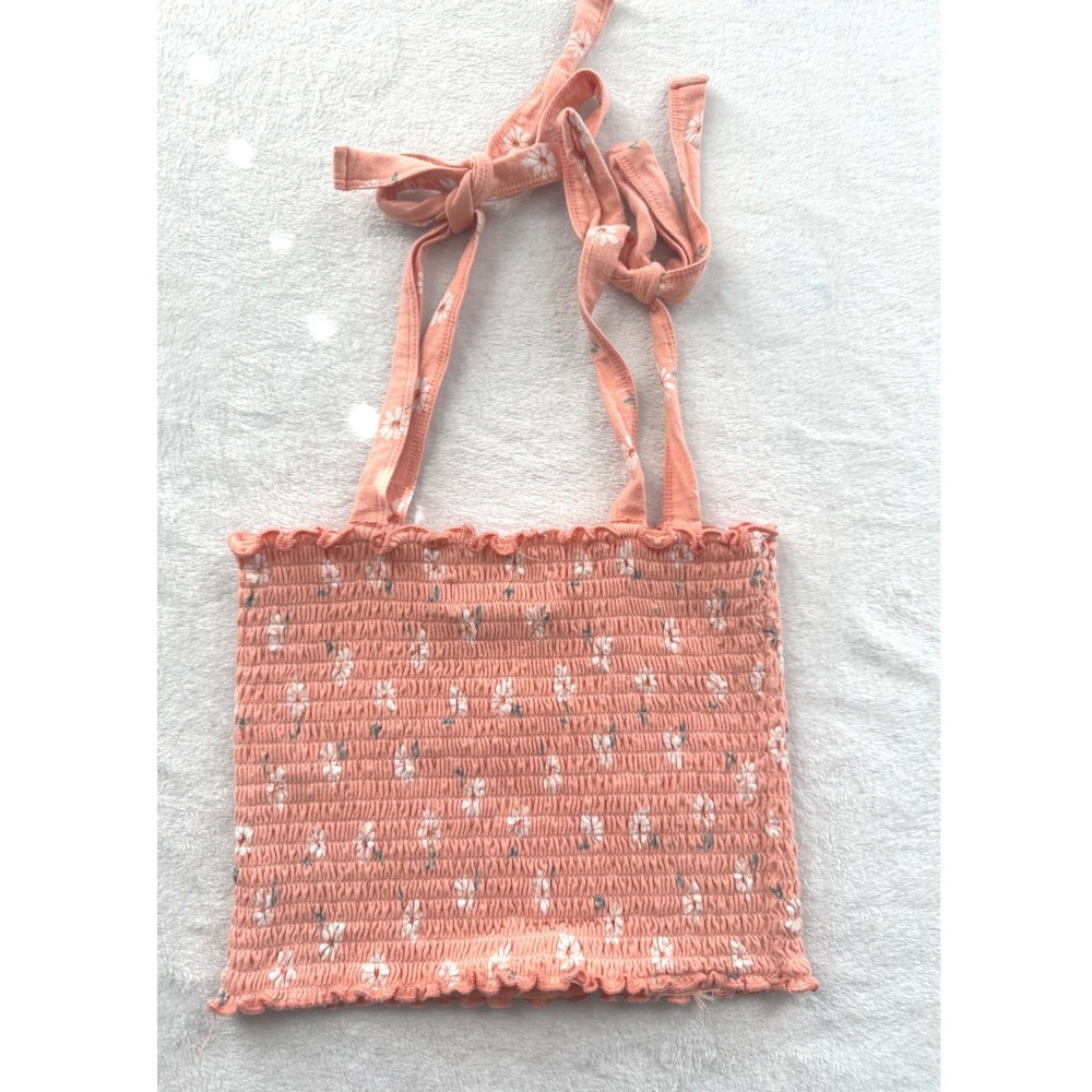 Hollister Smocked Tank Top Womens XS Peach Pink Daisy Floral Tie Strap Crop Cami - Picture 7 of 11